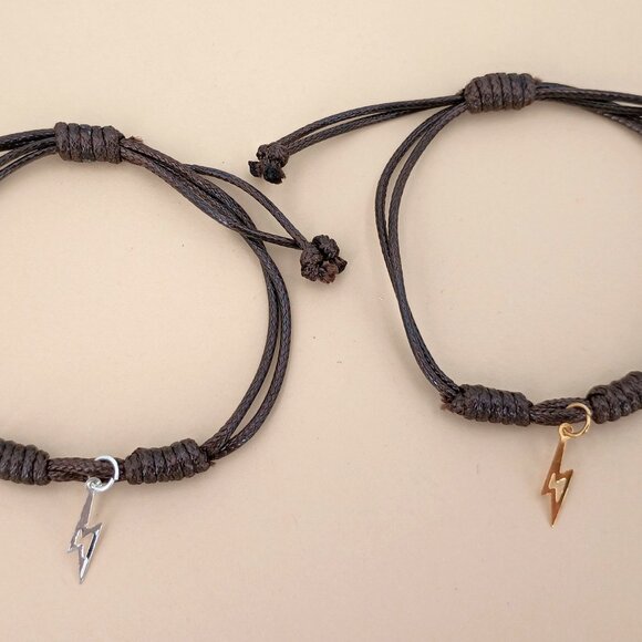 Lightning Bolt Bracelet Adjustable Gold or Silver Charm, Silky Brown Cord - Picture 2 of 4